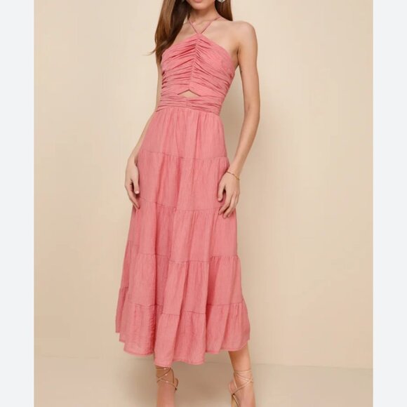 NWT Lulus Effortless Sweetness Rusty Rose Ruched Lace-Up Tiered Midi Dress Sz M - Picture 1 of 16